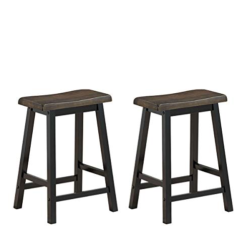 COSTWAY 24 Inches Saddle Stool Set of 2, Counter Height Solid Wood Bar Stool, Mid-Century Modern Stool That Enhances Your Home Decor, for Kitchen, Bar, and CafŽ