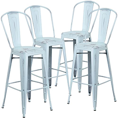 Flash Furniture Blake Commercial Grade 4 Pack 30" High Distressed Green-Blue Metal Indoor-Outdoor Barstool with Back