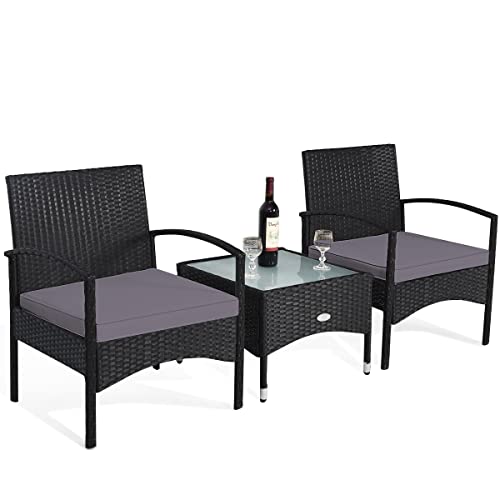 COSTWAY 3 PCS Patio Wicker Rattan Furniture Set Coffee Table & 2 Rattan Chair W/Grey Cushion