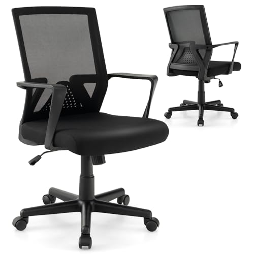 COSTWAY Ergonomic Home Office Chair, Mid-Back Mesh Desk Chair with Lumbar Support and Rocking Function, Swivel Rolling Computer Task Chair with Armrests for Home Office Study, Black