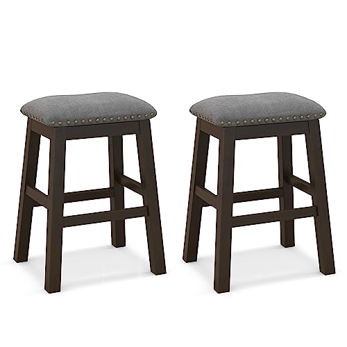 COSTWAY Saddle Stools Set of 2, 24.5-inch Counter Height Chairs with Nailhead Trim, Padded Seat, Rubber Wood Legs, Modern Backless Bar Stools for Kitchen Island Dining Room Pub and Bistro, Grey+Brown