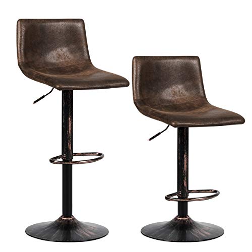 COSTWAY Vintage Barstools, Set of 2 Adjustable Swivel Bar Stools with Back, Armless Hydraulic Lift Seat, Hot-Stamping Cloth Chairs for Kitchen, Dining Room, Bistro, Pub, Retro Brown