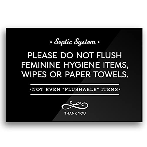 3.5x5 Inch Septic System Bathroom Sign, Do Not Flush Feminine Hygiene Items, Wipes, Paper Towels ~ Ready to Stick ~ Premium Finish, Durable (Black)