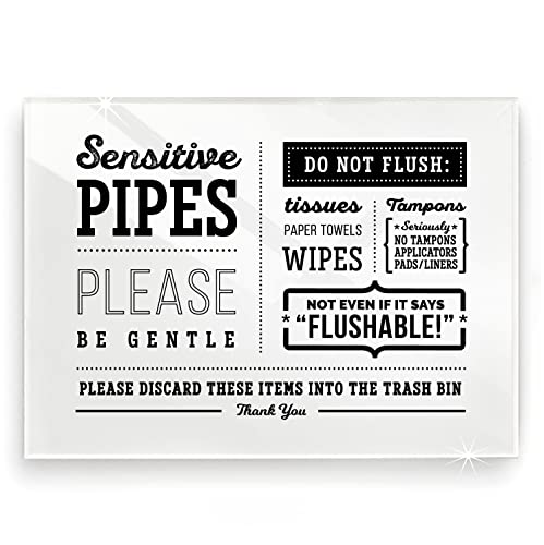 5x7 Inch Sensitive Pipes Designer Bathroom Sign ~ Ready to Stick, Lean or Frame ~ Premium Acrylic Plexiglass, Durable (White)