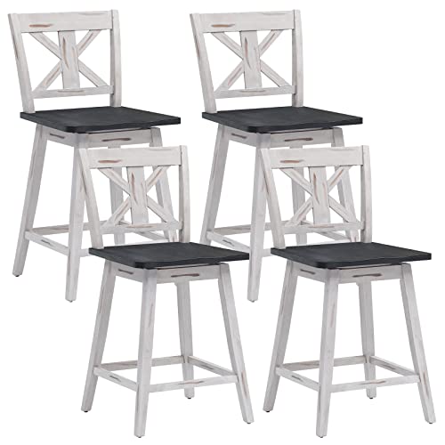 COSTWAY Bar Stools Set of 4, 360 Degree Swivel Counter Height Chairs w/Non-Slip Foot Pads, Rubber Wood Bar Chairs, Vintage Bar Stools for Home, Restaurant & Pub (White)