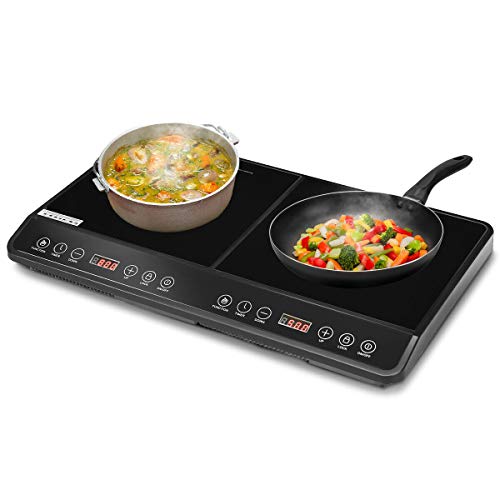 COSTWAY 1800W Double Countertop Burner, Digital Induction Cooker with Two Separate Heating Zones, Timer, 8 Temperature and Power Levels, Kids Safety Lock, Touch Sensor Control, Suitable for Iron, Stainless Steel Cookware, Black