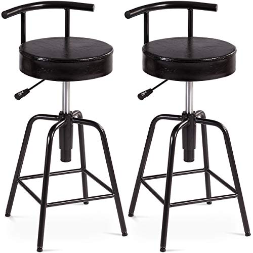 COSTWAY Bar Stool, Adjustable Swivel PU Leather Covered Cushion, Powder Coated Iron Frames, with Square Footrest, Universal Shackles, for Home, Cafe and Bar, Black (2 Stools, Square Footrest)