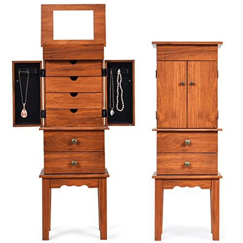 COSTWAY Standing Jewelry Armoire Cabinet, Wooden Jewelry Storage Chest with 6 Pull-out Drawers, 6 Hooks & Flip Top Mirror, Top Divided Compartments Jewelry Cabinet for Bedroom, Dressing Room