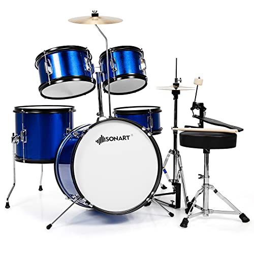 COSTWAY Kids Drum Set, 16Ó Junior Drum Kit with Bass/Snare/Toms/Floor Drum, Hi-Hat, Cymbal, Pedal, Seat, Drumsticks, 5 PCS ChildrenÕs Beginner Drum Instrument for Age 3-12 (Blue)