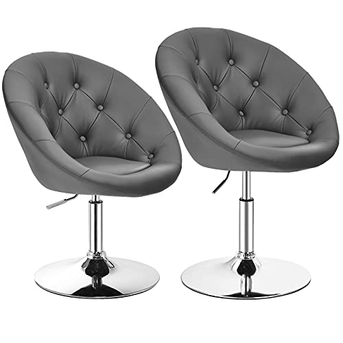 COSTWAY Vanity Chair, Set of 2 Contemporary Height Adjustable Makeup Chair with Chrome Frame, Tufted Round-Back, Modern Swivel Accent Chair for Lounge, Pub, Bar, Grey