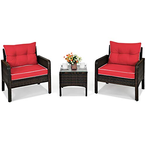 COSTWAY 3PCS Outdoor Rattan Conversation Set Patio Furniture Cushioned Sofa Chair Red