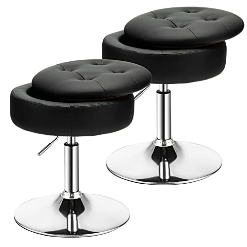 COSTWAY Counter Height Bar Stool Set of 2, Tufted PU Leather 20"-26" H Adjustable Swivel Vanity Chair with Removable Tray Top and Storage Space, Modern Round Ottoman for Makeup Kitchen Island, Black