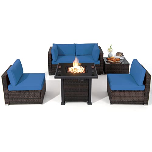 COSTWAY 6PCS Patio Rattan Furniture Set 32" Fire Pit Table W/Cover Cushioned Navy