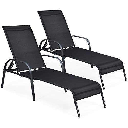 COSTWAY 2PCS Outdoor Patio Lounge Chair Chaise Fabric Adjustable Reclining Armrest Black