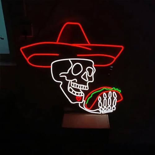 Skull and Tacos Neon Sign - Mexico Cowboy skeleton Eat Tacos Neon Sign, Skull Taco LED Neon Light, Wall Art Home Decor Light for Party restrant Pub Bar Home Room (design 1)