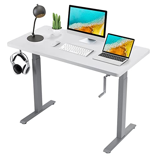 COSTWAY Standing Desk Adjustable Height, 48" x 24" Manual Sit to Stand Desk with Headphone Hook & Cable Tray, Solid One-Piece Table Top for Home & Office (Grey and White)