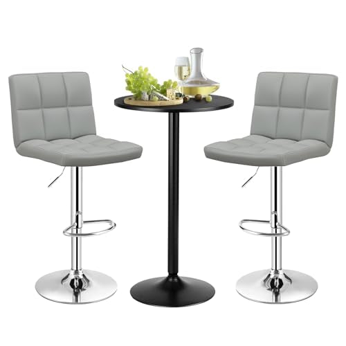 COSTWAY 3-Piece Bar Table Set, Round Cocktail Table and PU Leather Adjustable Swivel Chairs, Modern Counter Height Table Set with 2 Bar Stools for Kitchen, Office, Grey