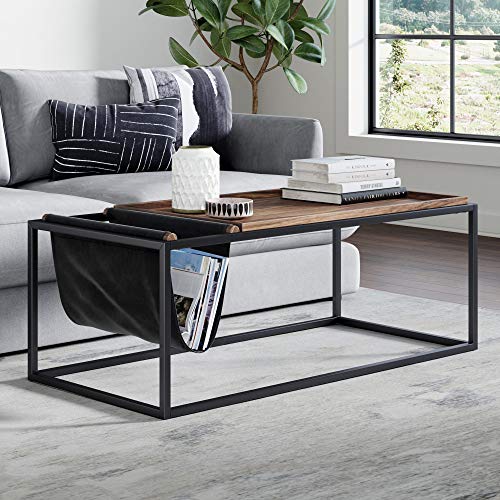 Nathan James 31401 Felix Modern Coffee Table with Wood Tray Top Vegan Leather Storage and Industrial Matte Steel Rectangle Metal Frame, Nutmeg/Black