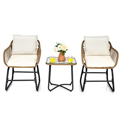 COSTWAY 3PCS Patio Rattan Bistro Set All-Weather Cushioned Chair Table White