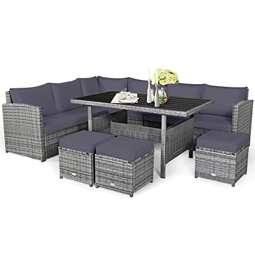 COSTWAY 7 PCS Patio Rattan Dining Set Sectional Sofa Couch Ottoman Garden Grey