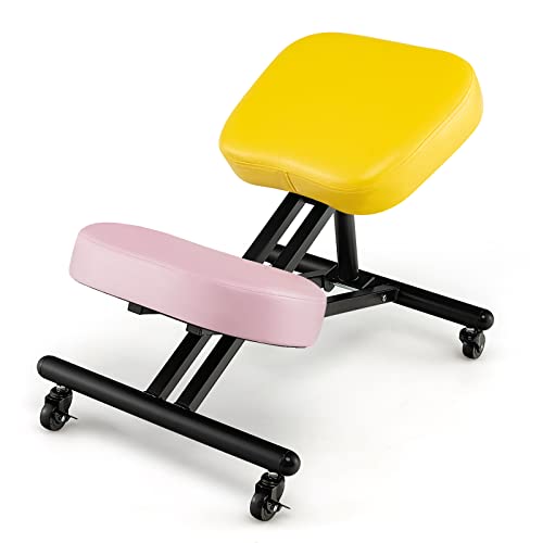 COSTWAY Ergonomic Kneeling Chair, Height Adjustable Stool with 330lbs Capacity, Thick Foam Cushion, Gliding Caster, Angled Seat to Improve Sitting Posture, Kneeling Stools for Office, Yellow+Pink