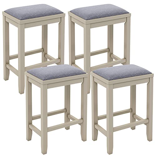 COSTWAY Upholstered Saddle Stools Set of 4, 25-inch Height Vintage Counter Height Chairs with Solid Wood Legs, Modern Backless Design Indoor Bar Stools for Kitchen, Dining, Pub and Bistro, White