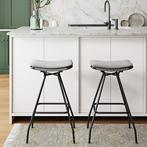 Nathan James Dominique 30 inch Industrial Backless Kitchen Bar Stool with Saddle Seat Upholstered Cushion and Black Metal Base, Light Grey/Black, Set of 2