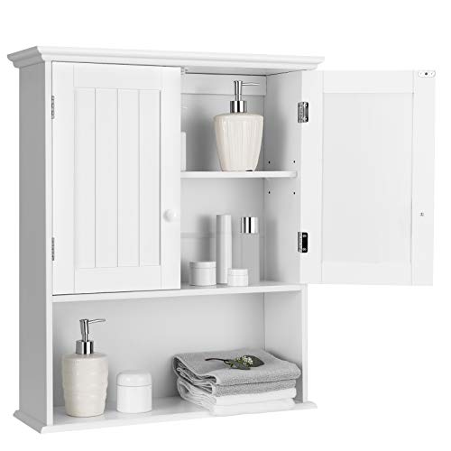 COSTWAY Wall Mounted Bathroom Cabinet, Over The Toilet Storage Cabinet w/Double Doors & Adjustable Shelf, Wood Hanging Medicine Cabinet for Living Room, Entryway, Kitchen (White)