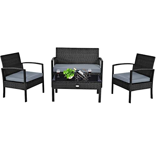 COSTWAY 4PCS Outdoor Patio Rattan Furniture Set Cushioned Sofa Coffee Table Garden Deck