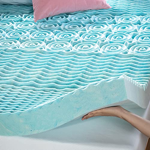 Zinus 3 Inch Green Tea Cooling Gel Memory Foam Zoned Support Mattress Topper, Queen, Blue