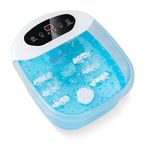 COSTWAY Foot Spa Bath Massager, with Heat, Bubbles & Vibration Mode, 12 Rollers & Pedicure Stone, Mini Acupressure Massage Points, Digital Temperature Control (Blue)