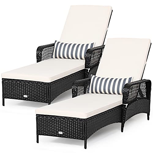 COSTWAY 2PCS PE Rattan Chaise Lounge Chair Recliner Adjustable Pillow Black