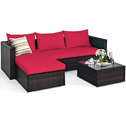 COSTWAY 5PCS Patio Rattan Furniture Set Sectional Conversation Sofa w/Coffee Table Red