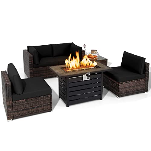 COSTWAY 6PCS Patio Rattan Furniture Set 42" Fire Pit Table Cover Sofa Cushion Black