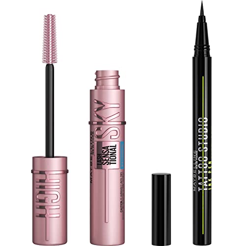 Maybelline Sky High Waterproof Mascara Makeup, Very Black + Maybelline New York Tattoo Studio Ink Pen Eyeliner Jet Black Bundle