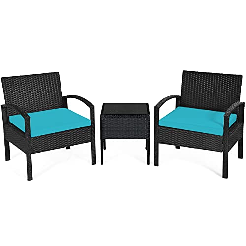 COSTWAY 3PC Patio Rattan Furniture Set Coffee Table Conversation Sofa Cushioned