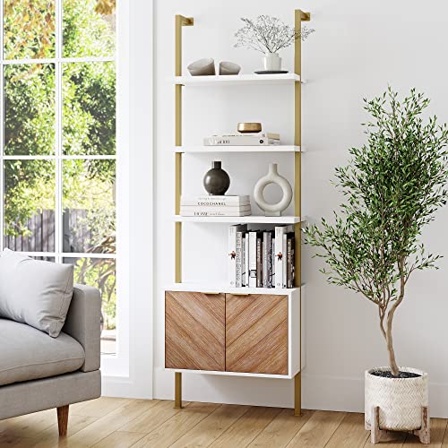 Nathan James Theo Modern Bookcase with Cabinet with Herringbone Pattern, White Open Shelves and Brass Metal Frame Living Room, Home Office Storage