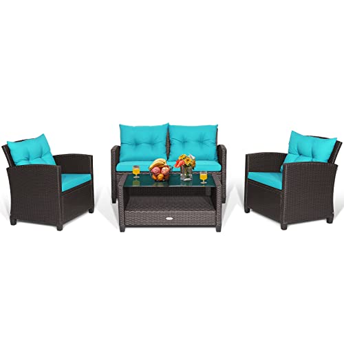 COSTWAY 4 PCS Patio Rattan Furniture Set Glass Table Shelf Sofa Cushion Turquoise