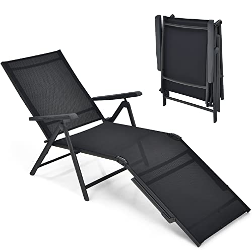 COSTWAY Folding Chaise Lounge Chair Outdoor Portable Reclining Lounger Beach Black