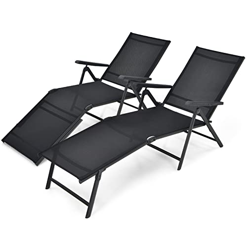 COSTWAY 2 PCS Folding Chaise Lounge Chair Outdoor Portable Reclining Lounger Black