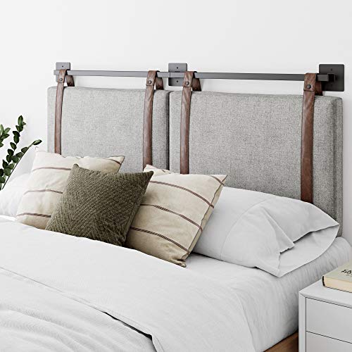 Nathan James Harlow Modern Wall Mount Hanging Headboard, Queen, Gray with Brown Faux Leather Straps