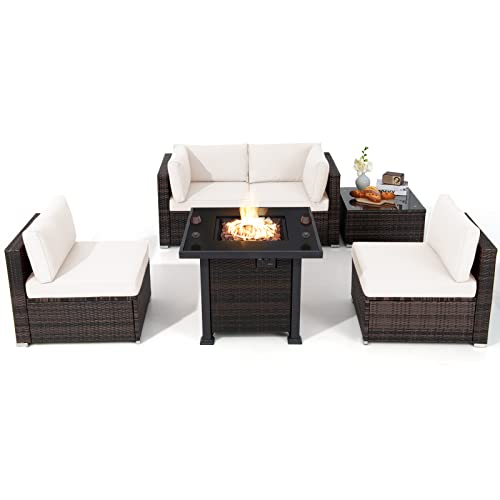 COSTWAY 6PCS Patio Rattan Furniture Set 32" Fire Pit Table W/Cover Cushioned Off White