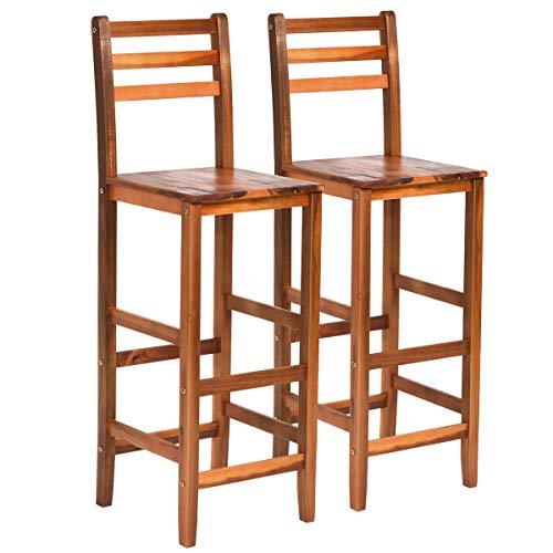 COSTWAY Set of 2 Solid Wood Bar Stool, Counter Height Stool, Acacia Bar Chair Set, with Foot Brace Bar, Protective Backrest, Stable Legs, Ideal for Kitchen, CafŽ, Restaurant, Bar and Outdoor