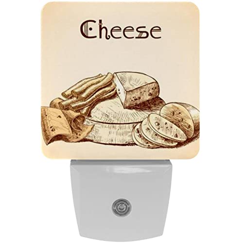 2 Pack Plug-in Nightlight LED Night Light Cheddar Parmesan Smoked Holland Cheese Slices Chunks and Blocks Assortment, Dusk-to-Dawn Sensor for Kid's Room Bathroom, Nursery, Kitchen, Hallway