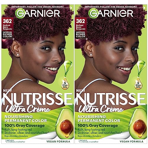 Garnier Hair Color Nutrisse Nourishing Creme, 362 Darkest Berry Burgundy (Raspberry Jam) Red Permanent Hair Dye, 2 Count (Packaging May Vary)