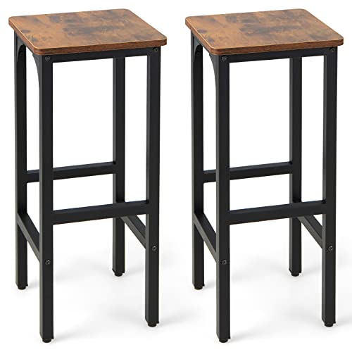 COSTWAY Industrial Bar Stool Set of 2, 28-inch Counter Height Bar Chairs with Footrest, Adjustable Feet and Metal Frame, Backless Counter Height Barstools for Kitchen Island Dining Room, Rustic Brown