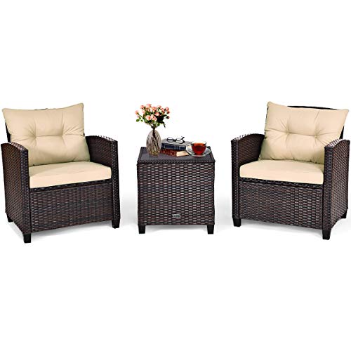 COSTWAY 3PCS Patio Rattan Furniture Set Cushioned Conversation Set Sofa Turquoise Beige