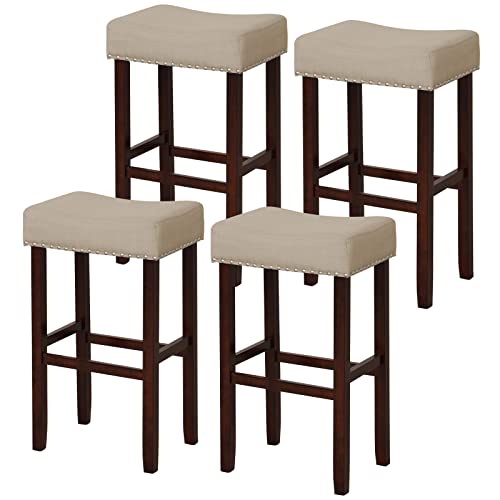 COSTWAY Counter Height Bar Stools Set of 4, 29.5-inch Backless Saddle Stools with Nailhead Trim, Rubber Wood Frame, Footrest, Max Load 330 Lbs, Upholstered Barstools for Kitchen Island Pub, Beige