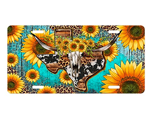 Vanity Decorative Western Aluminum Front License Plate (Texas Longhorn Sunflowers)