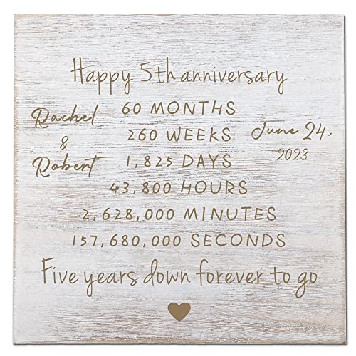 Happy 5th Anniversary - Personalized 5 Years Anniversary Wood Sign, 5 Years of Marriage, Wood Wedding Anniversary Keepsake for Husband Wife, 5 Years down Forever to Go, Valentines Day Gift for Him Her